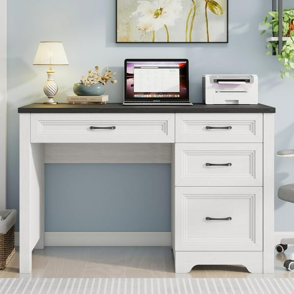 Farmhouse Executive Desk with Drawers, Wood Computer Desk with Ample File Drawer, Rustic Home Office Desk with Storage for Bedroom, Living Room, Black