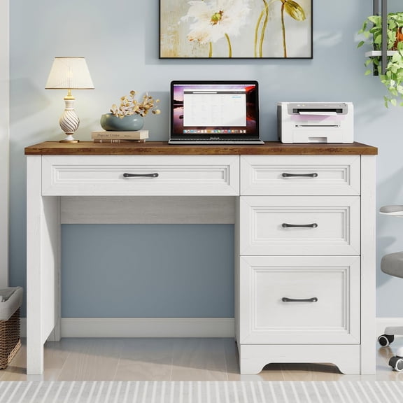 Farmhouse Executive Desk with Drawers, Wood Computer Desk with Ample File Drawer, Rustic Home Office Desk with Storage for Bedroom, Living Room, White