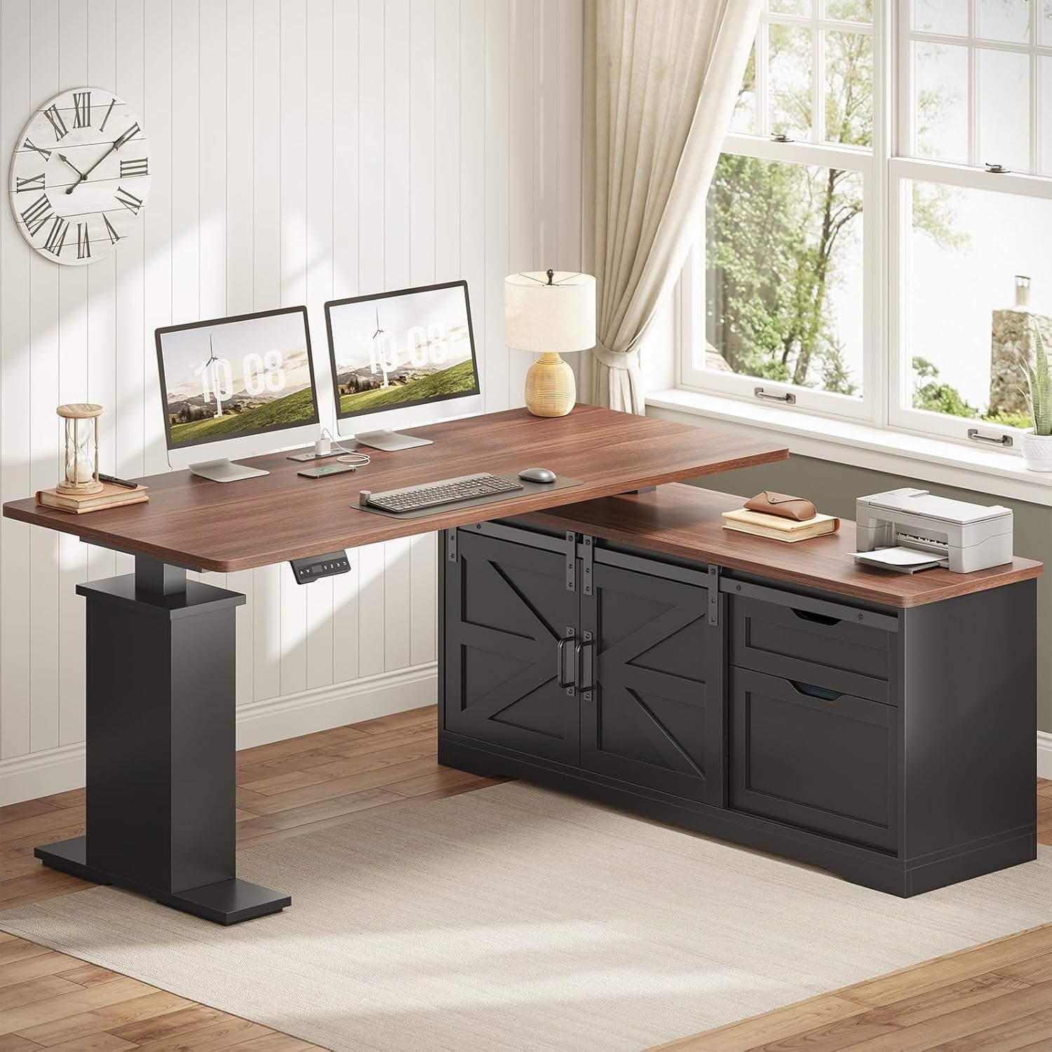 SEDETA Farmhouse Executive Desk, Electric Standing Desk, 28.7-46.8 Inch High Freely Adjustable Lift Desk, L Shaped Desk with Storage & Power Outlets, Office Desk with Drawers & Sliding Doors, Black