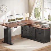 SEDETA Farmhouse Executive Desk, Electric Standing Desk, 28.7-46.8 Inch High Freely Adjustable Lift Desk, L Shaped Desk with Storage & Power Outlets, Office Desk with Drawers & Sliding Doors, Black