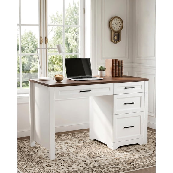 Farmhouse Executive Desk with File Cabinet & Storage Drawers – Space-Saving Small Office Desk for Home & Bedroom, Features Brown Frame with White Wood Tabletop