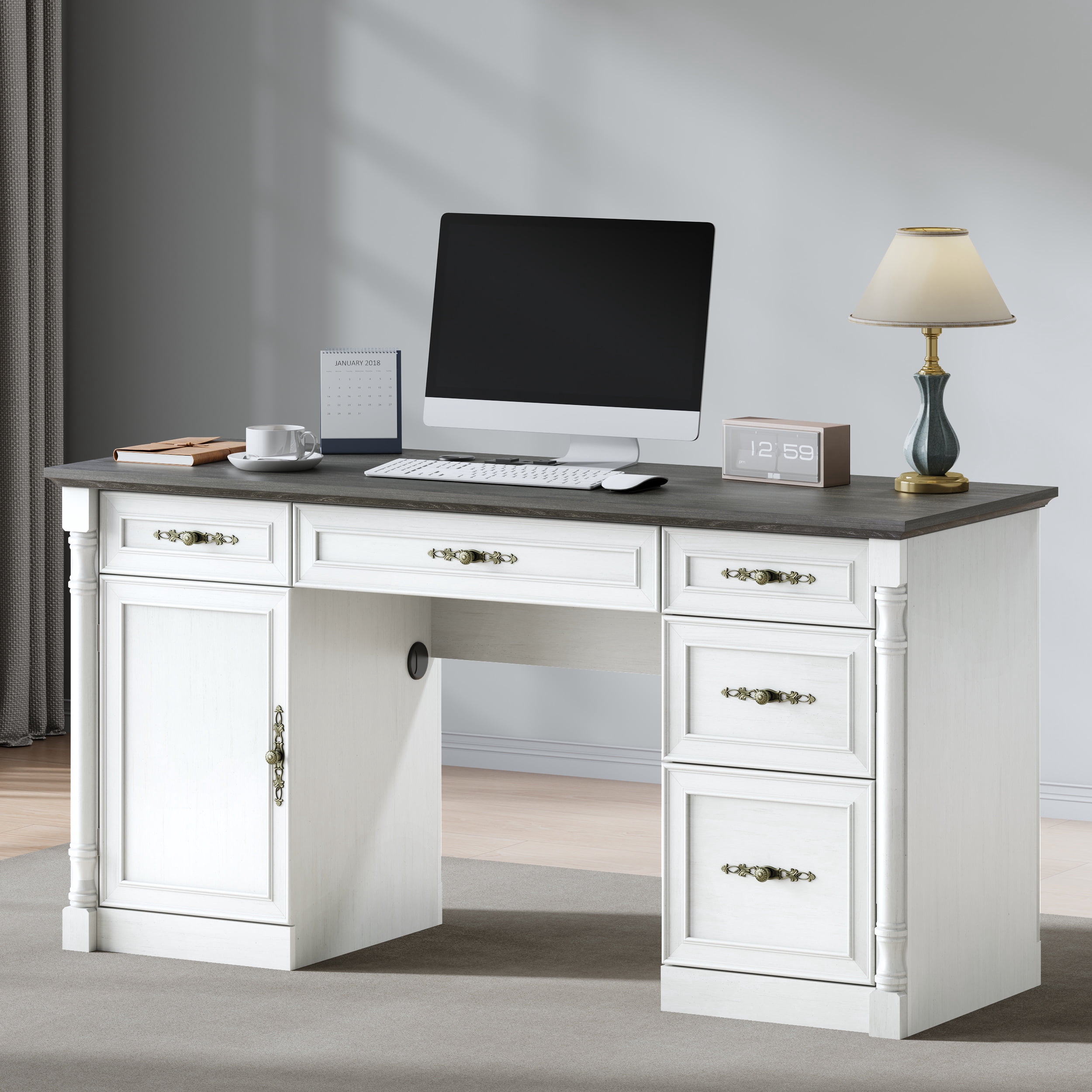 Farmhouse Executive Desk with Storage Drawers and File Cabinet, 60" Vintage Home Office Desk with Power Outlet and Roman Column, Wood Computer Desk with Keyboard Tray for Work and Study, Antique Whit