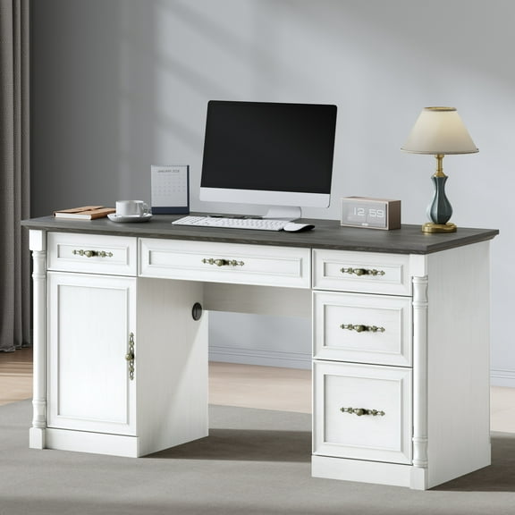 Farmhouse Executive Desk with Storage Drawers and File Cabinet, 60" Vintage Home Office Desk with Power Outlet and Roman Column, Wood Computer Desk with Keyboard Tray for Work and Study, Antique Whit