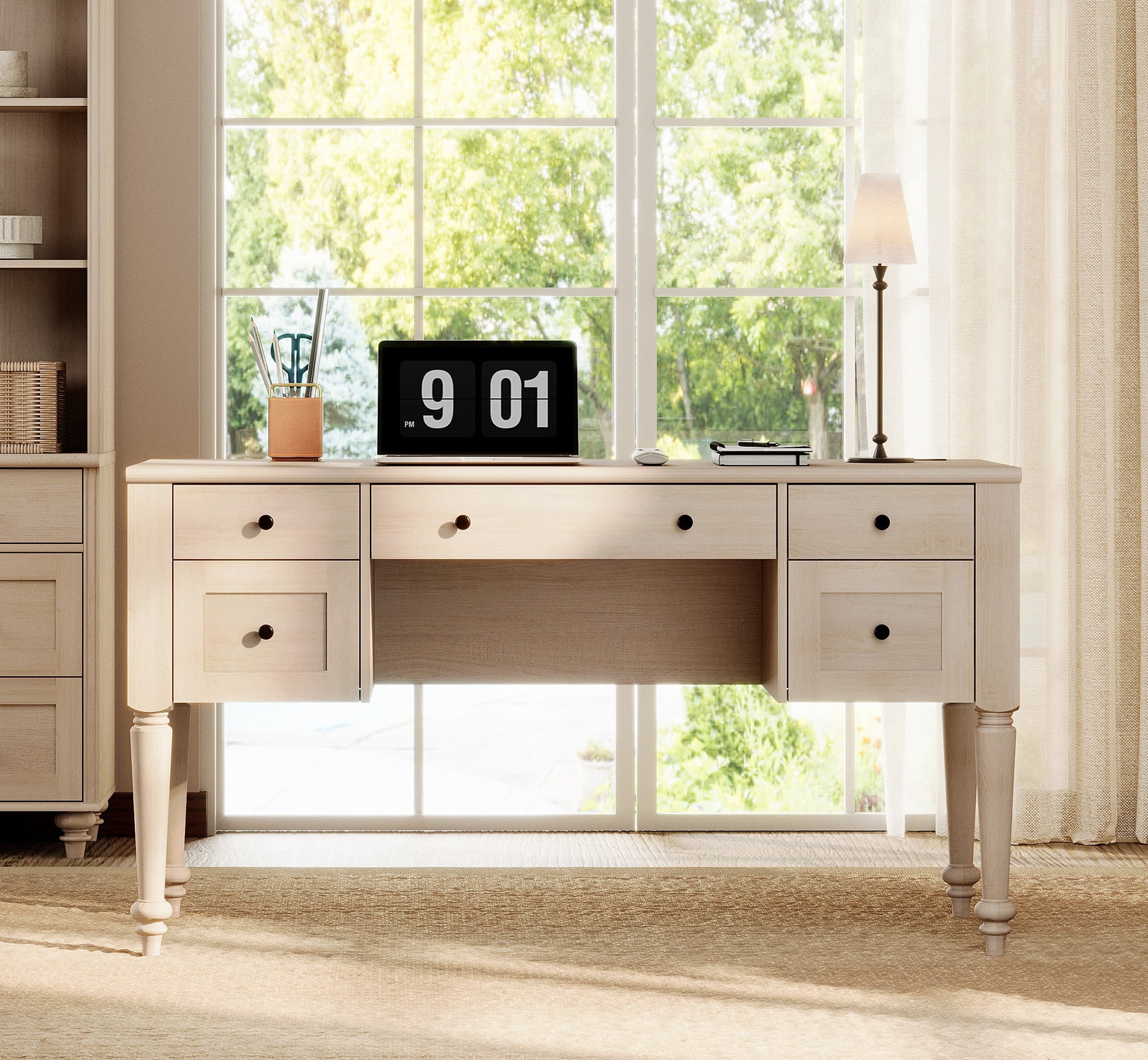Farmhouse Executive Desk with Charging Station, Wood Writing Desk with Drawer for Home Office & Study, Beige