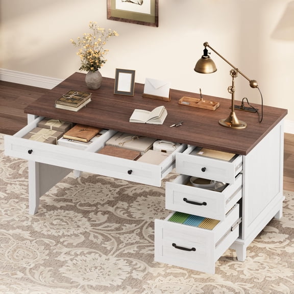 Farmhouse Executive Office Desk, 53.5" – Power Outlets, USB Ports, File Drawer, Storage Drawers & Adjustable Cabinet – Wooden Home Writing Desk for Study, Workspace – Brown and White Contrast