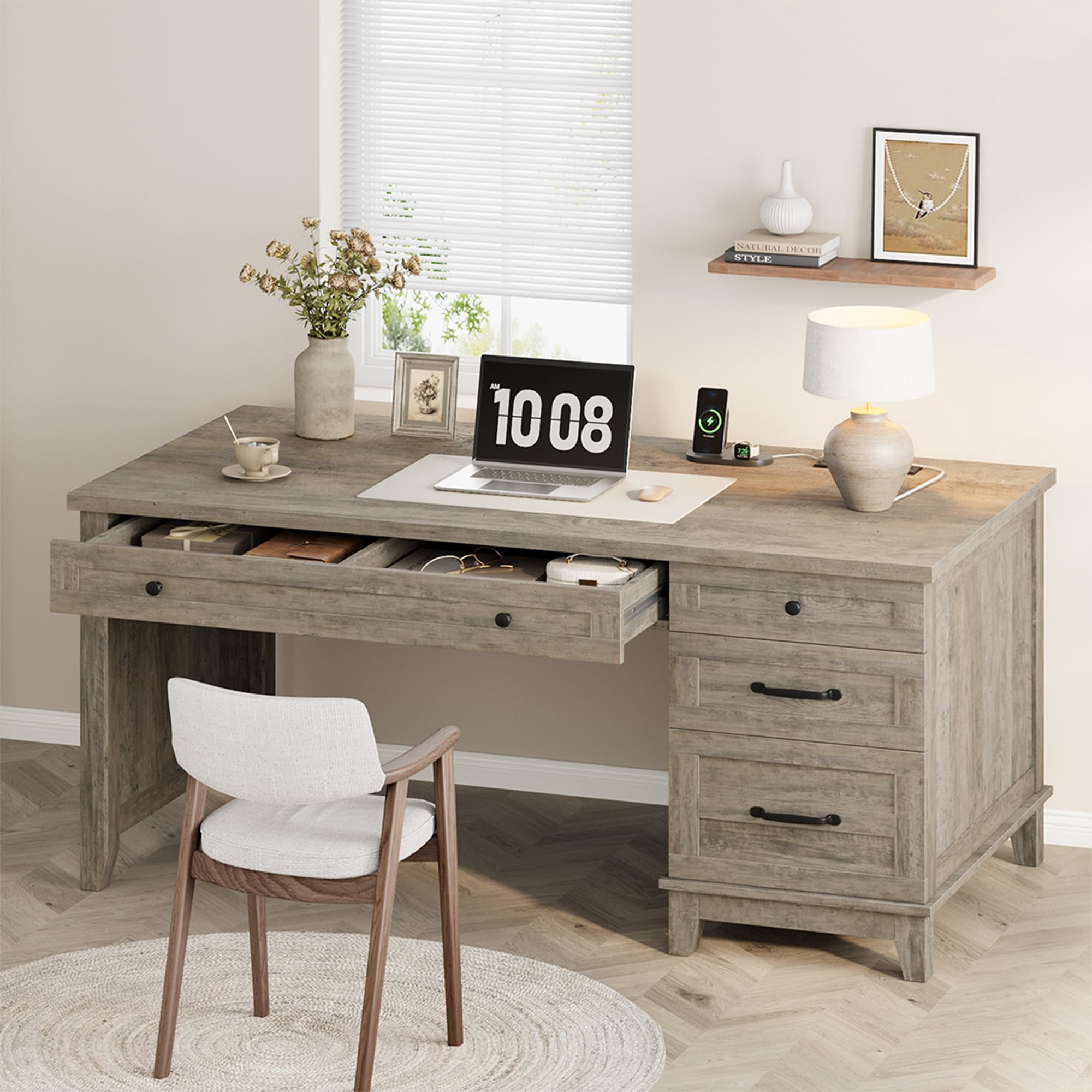 Farmhouse Executive Office Desk with Power Outlets & USB Ports, 53.5" Wooden Writing Table, Storage Drawers, Adjustable File Cabinet