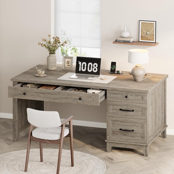 Farmhouse Executive Office Desk with Power Outlets & USB Ports, 53.5" Wooden Writing Table, Storage Drawers, Adjustable File Cabinet
