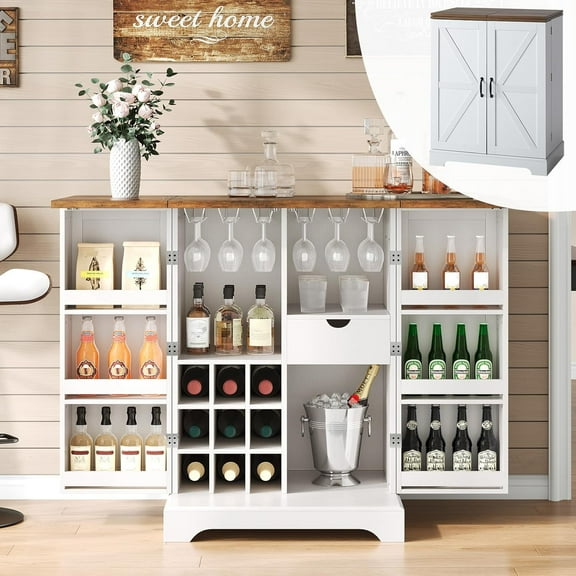 Farmhouse Expandable Wine Bar Cabinet, 61" Home Bar Unit with Foldable Tabletop & Barn Door, Coffee Bar Cabinet with Wine & Glass Holder, Liquor Cabinet/Mini Bar/Buffet Cabinet, White