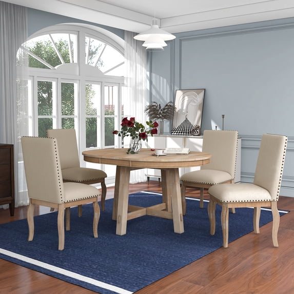 Farmhouse Extendable Dining Table and Chairs, 5-Piece Kitchen Dining Room Table Set with Nailhead Trim Upholstered Dining Chairs, Standard Height, Natural Wood Wash Table Set