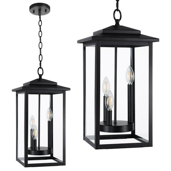 Farmhouse Exterior Hanging Lanterns Retro Porch Pendant Light Outdoor 3-Light Pendant Light Waterproof with Clear Glass Shade for Front Porch Entryway (Black)