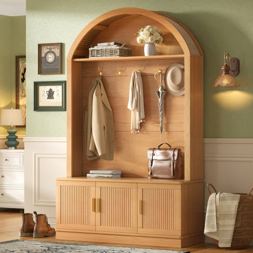 Farmhouse Fabric Arched Top Hall Tree with 5 Metal Hooks, All-in-One Mudroom Furniture with Adjustable Shelves, Mid-Century Fluted Door Entryway Bench with Wood Grain Finish for Hallway, Natural