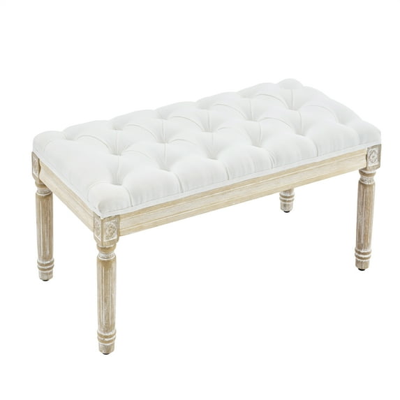 Farmhouse Fabric Entryway Bench, White
