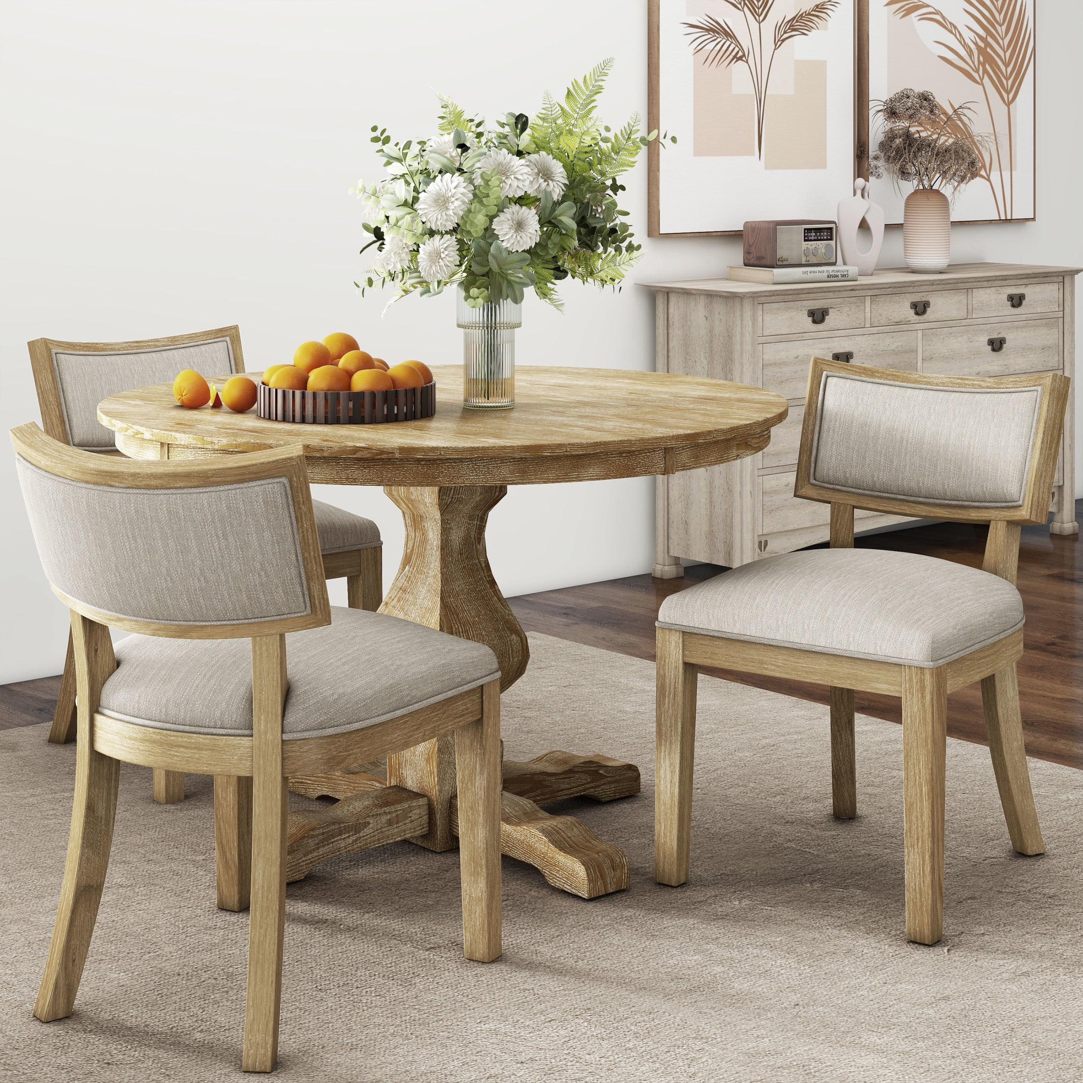 Farmhouse Fabric Upholstered Dining Chairs, Durable Rubberwood Frame, Natural+Beige, Set of 2