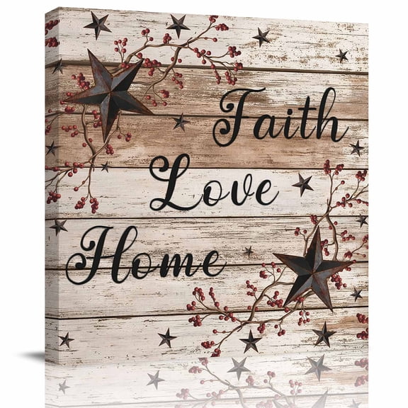 Farmhouse Faith Love Home Western Star Canvas Artwork Painting Art, Wood Board Square Framed Wall Decorations Prints Picture for Bedroom Kitchen Living Room, 12x12 in