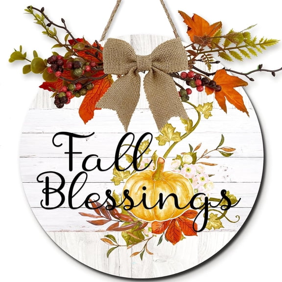 Farmhouse Fall Blessing Round Wood Wreaths, Pumpkin Maple Leaf Theme Sign, Wood Autumn Hanging Signs, Rustic Autumn Porch Decorations for Home Outdoor Indoor