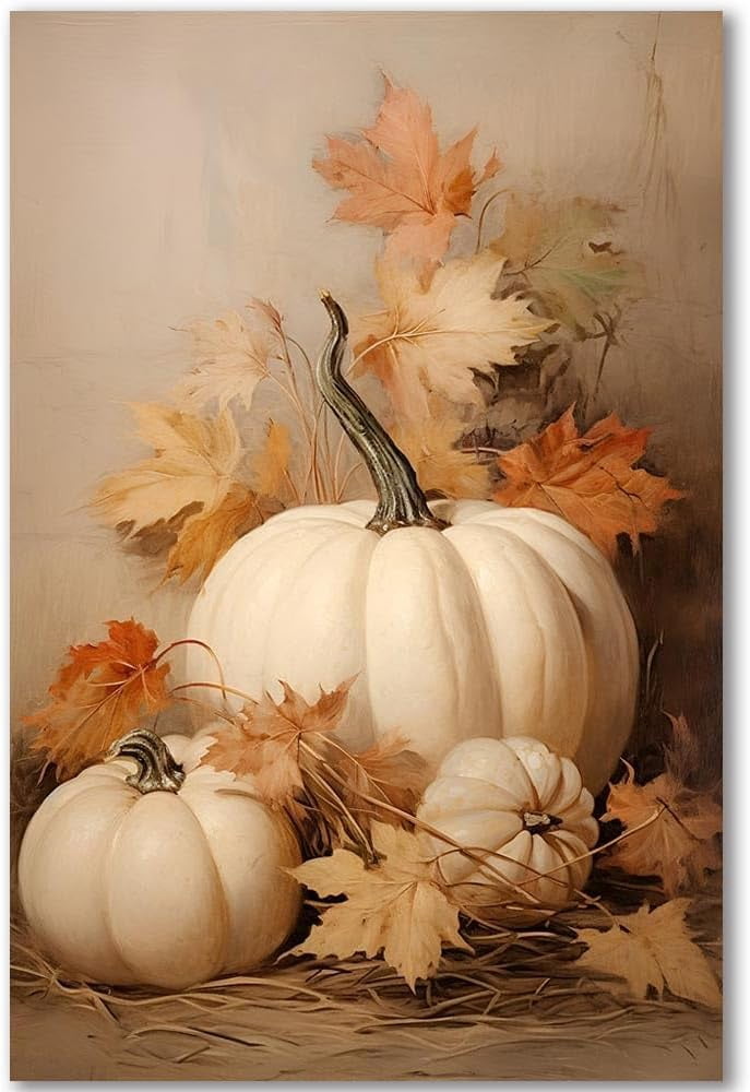 Farmhouse Fall Canvas Wall Art, White Pumpkin Still Life Painting Pictures, Rustic Farm Pumpkin Fall Leaves Posters, Halloween Thanksgiving Autumn Wall Print Decor 12X16in Unframed