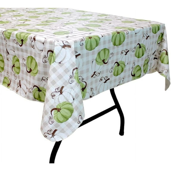 Serafina Home Farmhouse Fall Decor Vinyl Flannel Back Tablecloth: Country Harvest Green and White Pumpkin Gourds with Taupe Gingham Background (60" Diameter, Round)