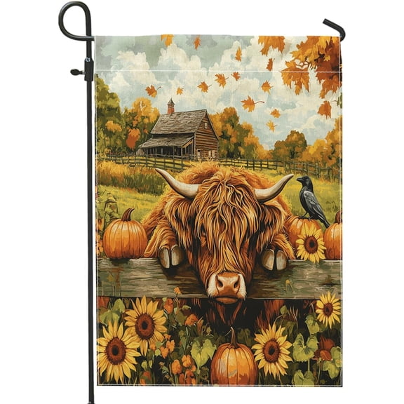 Farmhouse Fall Highland Cow Garden Flag 12x18 Inch Double Sided Vertical Canvas for Outdoor Front Yard Backyard Lawn or Garden Decoration