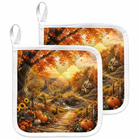 Farmhouse Fall Pot Holders for Kitchen Heatproof Potholder, 2 Pack Autumn Country Pumpkins Maple Leaves Hot Pads Multipurpose Oven Pads Terry Cloth Potholders Trivet for Cooking and Baking