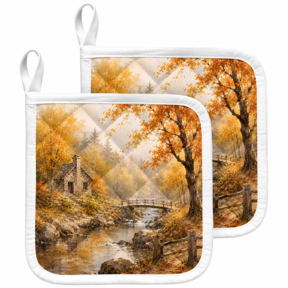 Farmhouse Fall Pot Holders for Kitchen Heatproof Potholder, 2 Pack Country Retro Falling Leaves Maple Trees Hot Pads Multipurpose Oven Pads Terry Cloth Potholders Trivet for Cooking and Baking