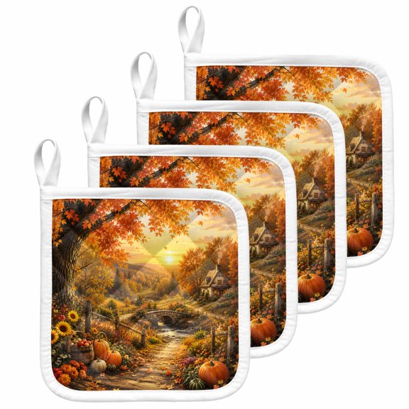 Farmhouse Fall Pot Holders for Kitchen Heatproof Potholder, 4 Pack Autumn Country Pumpkins Maple Leaves Hot Pads Multipurpose Oven Pads Terry Cloth Potholders Trivet for Cooking and Baking