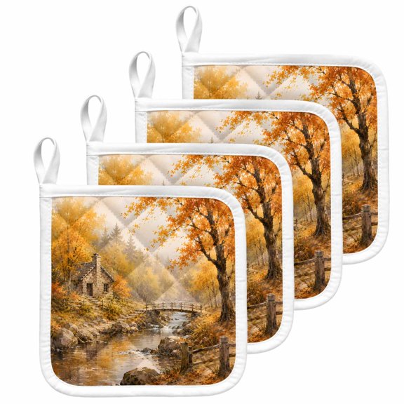 Farmhouse Fall Pot Holders for Kitchen Heatproof Potholder, 4 Pack Country Retro Falling Leaves Maple Trees Hot Pads Multipurpose Oven Pads Terry Cloth Potholders Trivet for Cooking and Baking