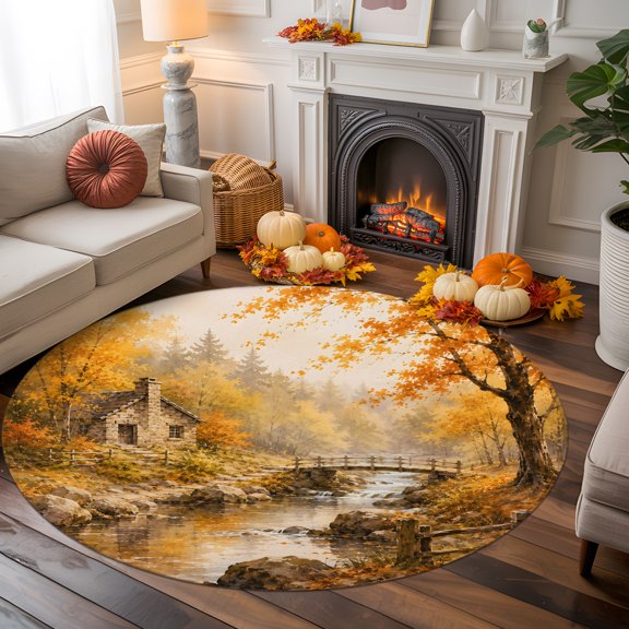 Farmhouse Fall Round Area Rug 6 FT,Non Slip Bedroom Area Rug,Country Retro Falling Leaves Maple Trees Washable Soft Circular Carpet Floor Mat for Kitchen Dining Room Home Office Kids Room