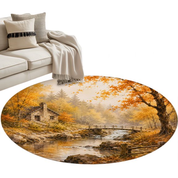 Farmhouse Fall Round Rug 3ft Washable Circle Entryway Rugs Non Slip Country Retro Falling Leaves Maple Trees Area Rug Indoor Floor Carpet for Bedroom Kitchen Living Room Office Dining Room Nursery
