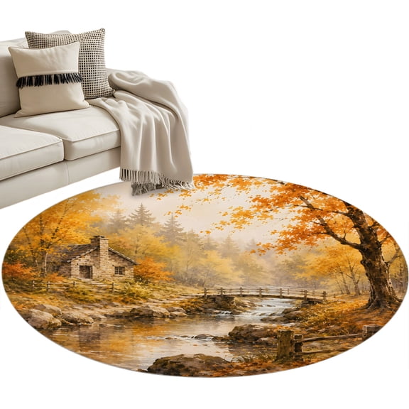 Farmhouse Fall Round Rug 4ft Washable Circle Entryway Rugs Non Slip Country Retro Falling Leaves Maple Trees Area Rug Indoor Floor Carpet for Bedroom Kitchen Living Room Office Dining Room Nursery