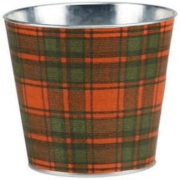 Farmhouse Fall Tartan Tin Pot - 5" Diameter, 4.5" Tall, Burnt Orange, Brown, Halloween, Fall Home Decor, Flower Pot, Garden Decor, Thanksgiving, Succulent Pot, Candle Holder