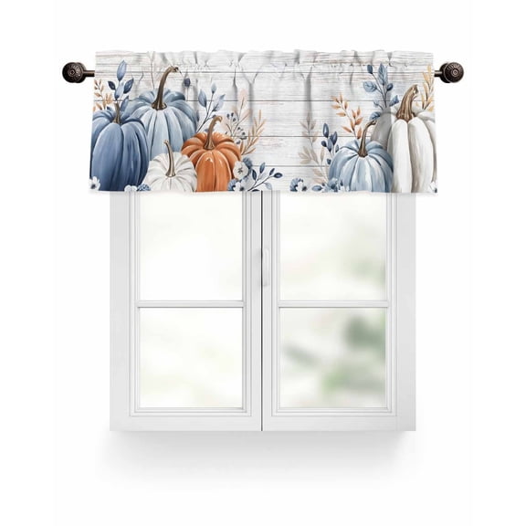 Farmhouse Fall Thanksgiving Kitchen Valances for Windows Blue White Orange Pumpkin Boho Valance Curtains&nbsp; for Kitchen /Living Room/Bedroom/ Bathroom Decor, 54"x18 " ,Rod Pocket 1 Panel,
