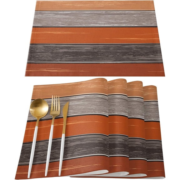 Farmhouse Fall Thanksgiving Placemats Set of 6, Retro Rustic Barn Wood Texture Polyester Stain Resistant Table Mats Washable Placemat Decoration for Kitchen Dining Table Ombre Burnt Orange Gray