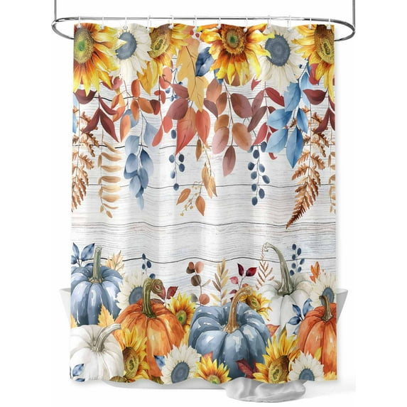 Farmhouse Fall Thanksgiving Shower Curtain, Orange Blue White Pumpkin Leaf Bathroom Decor Curtains Set with Hooks, Waterproof Fabric Home Accessories, 72 X 78 Inch Long