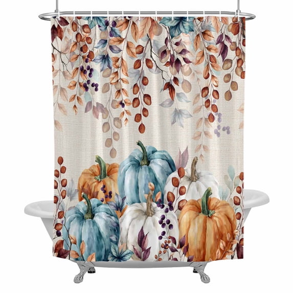 Farmhouse Fall Thanksgiving Shower Curtain Set with Hooks, Orange Blue White Pumpkins Leaf Waterproof Fabric Bathroom Curtains Decor Home Accessories,72 X 72 Inch Long