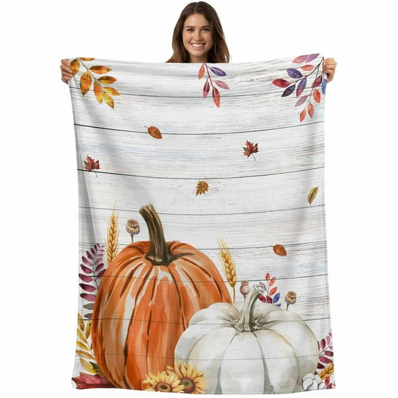 Farmhouse Fall Thanksgiving Throw Blankets, Orange White Pumpkins Leaves Soft Fleece Blanket Decorative for Home Sofa Couch Chair Living Bedroom, 50x60 inches,