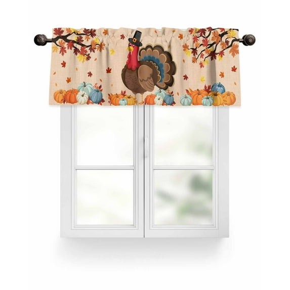 Farmhouse Fall Thanksgiving Turkey Kitchen Valances for Windows Orange Pumpkins Maple Leaf Valance Curtains for Kitchen /Living Room/Bedroom/ Bathroom Decor, 42"x12 " ,Rod Pocket 1 Panel,