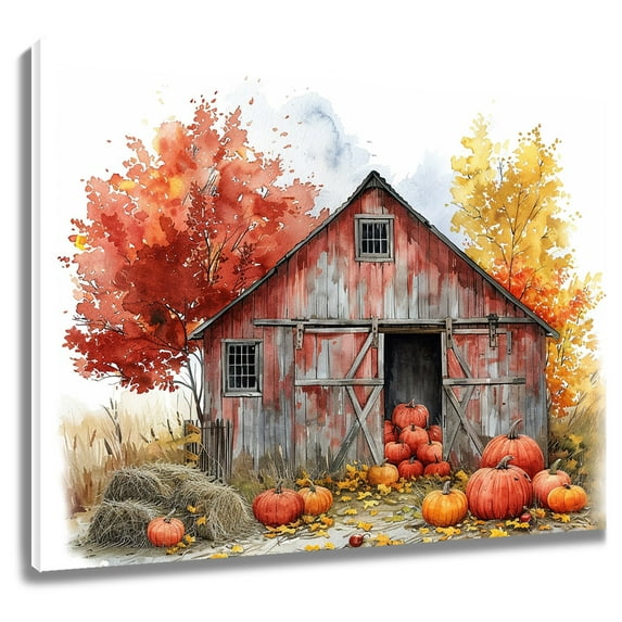 Farmhouse Fall Wall Art Orange Maple Leaves with Harvest Pumpkin in Farm Barn Canvas Wall Art Autumn Thanksgiving Framed Wall Art for Living Room Bedroom Bathroom Home Decor Ready to Hang,12x12 Inches