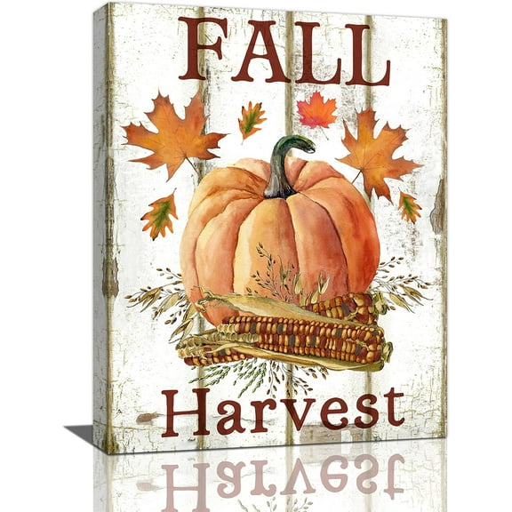 Farmhouse Fall Wall Art Pumpkin Autumn Farm Harvest Canvas Prints Painting Country Corn Leaf Pictures Framed Artwork Home Decor for Bathroom Bedroom Dining Living Room 12"x16"