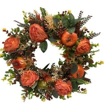 Farmhouse Fall Wreath with Peonies Pumpkins Maple Leaves and Berries - Artificial Autumn Thanksgiving Decor for Front Door Porch Window Wall Home or Wedding Celebration
