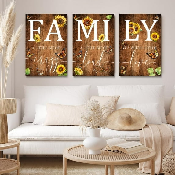 Farmhouse Family Wall Art Set of 3, Rustic Family Wall Decor for Living Room Dining Room Decor for Walls Retro Brown Wood Wall Art Butterfly Art Sunflower Decor Living Room Wall Decor 12"x16"