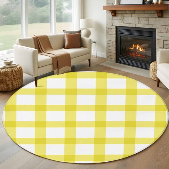 Farmhouse Farm 8FT Round Area Rugs for Living Room Minimalism Yellow Buffalo Check Plaid Holiday Theme Ultra-Thin Non-Slip Round Rugs Washable Low Pile Circle Carpet for Bedroom Kitchen Nursery