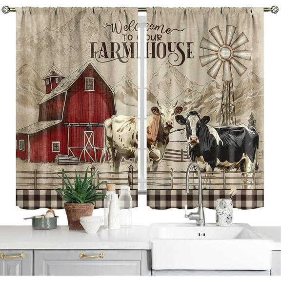 Farmhouse Farm Kitchen Curtains Rustic Vintage Cute Animal Short Curtains for Windows Country Cow Barn Buffalo Checked Windmill Rod Pocket Small Cafe Window Treatment Drapes 2 Panels (26x36 Inch)
