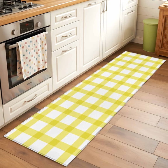 Farmhouse Farm Runner Rug for Hallway 2x6ft, Minimalism Yellow Buffalo Check Plaid Holiday Theme Non Slip Floor Mat Washable Low-Profile Indoor Carpet for Living Room, Bedroom, Dining Room