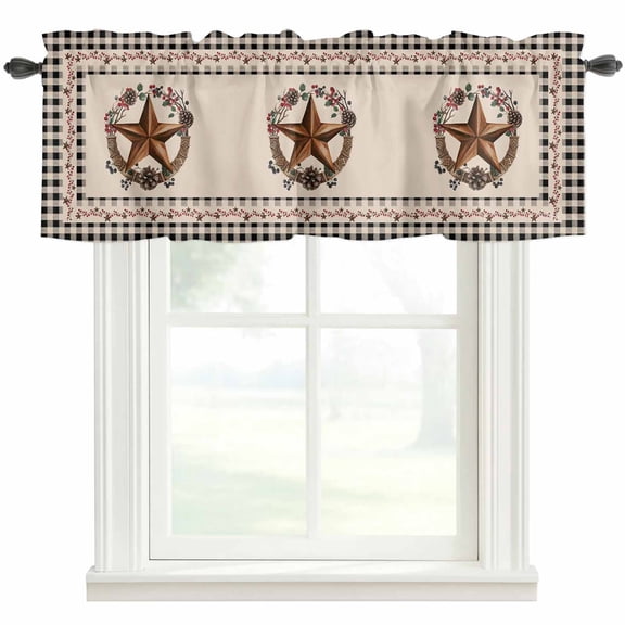 Farmhouse Farmhouse Short Window Curtain Valances, Country Star Berry Plaid Lodge Grey Brown Rod Pocket Kitchen Valances for Living Room Bedroom Bathroom Cafe 54" x 18"