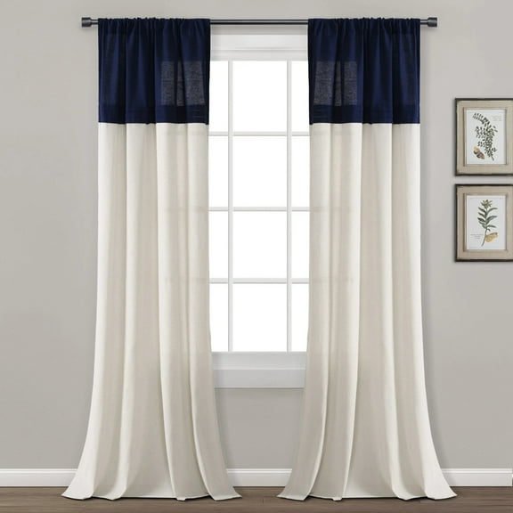 Farmhouse Faux Linen Colorblock Pleated Sheer Window Curtain Panel Navy/Off White 40x84