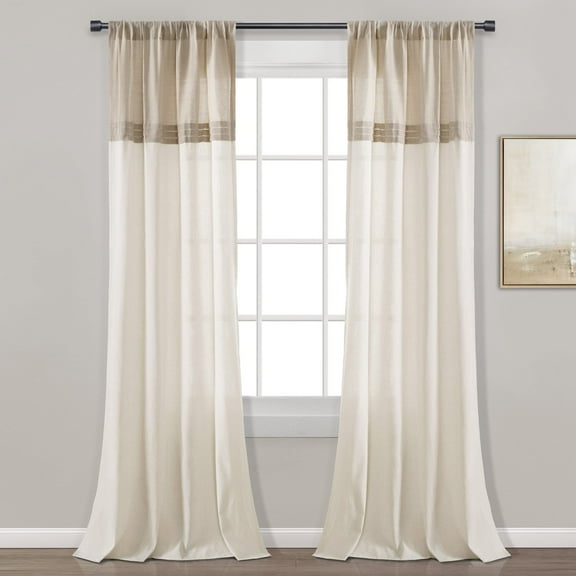 Farmhouse Faux Linen Colorblock Pleated Window Curtain Panels Linen 40X84 Set