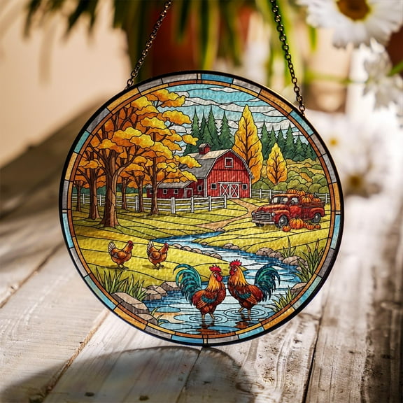 Farmhouse Faux Stained Glass Suncatcher | Rooster & Barn Window Hanging | Rustic Country Fall Decor with Chickens and Pumpkins