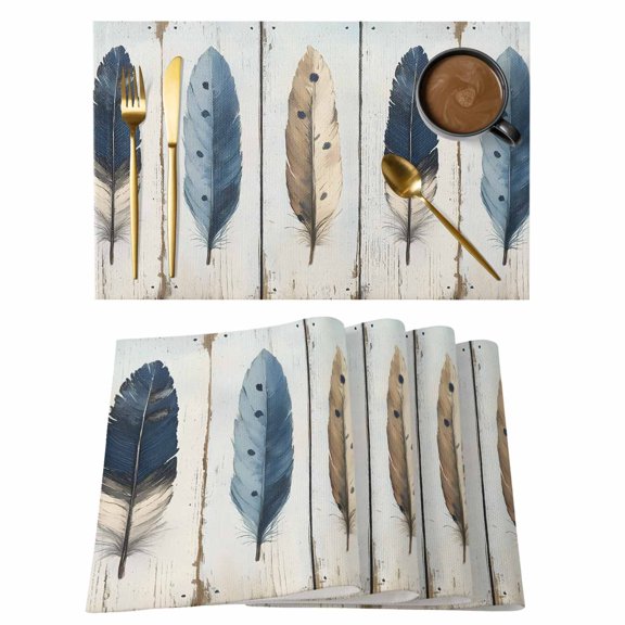 Farmhouse Feather Placemats Set of 12 Watercolor Vintage Wooden Grain Place Mats Indoor Wipeable Table Mats Washable Cloth Dining Table Placemats for Kitchen Holiday Party Home Decor 13x19 Inch