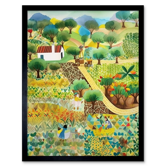 Farmhouse Field Folk Art Watercolour Painting Art Print Framed Poster Wall Decor 12x16 inch