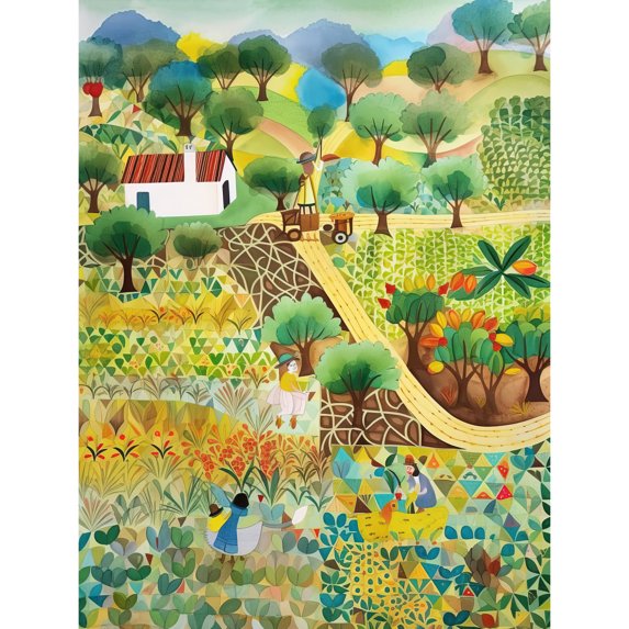 Farmhouse Field Folk Art Watercolour Painting Extra Large XL Wall Art Poster Print